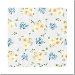 White Roses Blue Forget Me Nots Polka Dots on Grey Abstract Floral Posters and Art